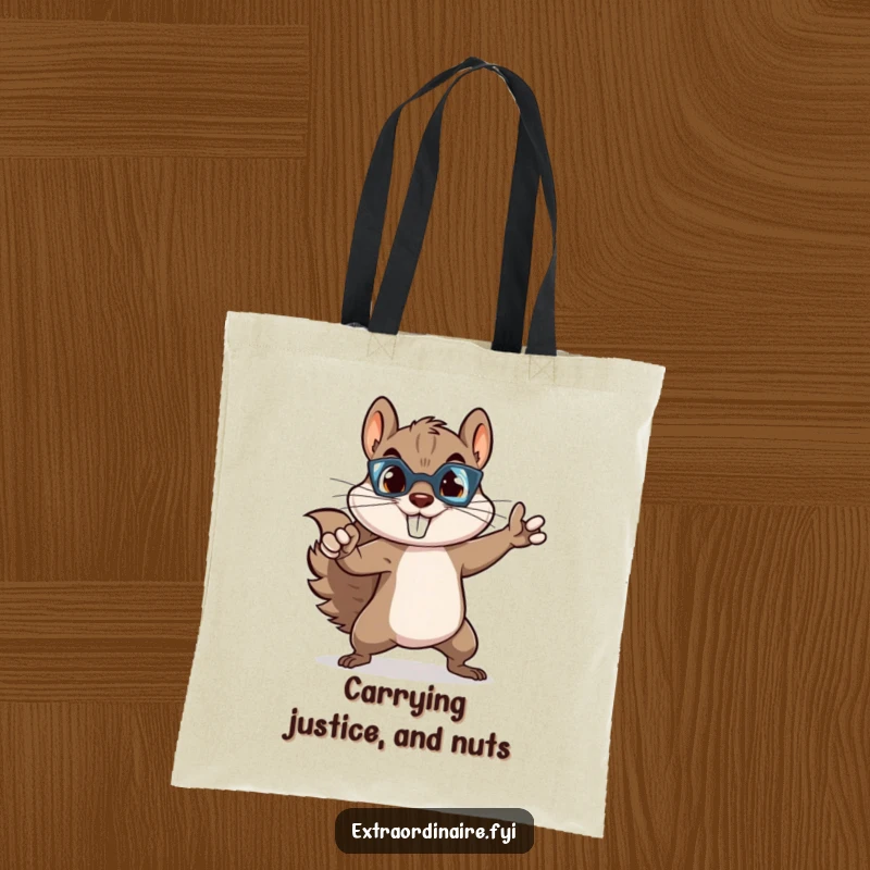 Funny squirrel superhero tote bag with a cute, mischievous rodent striking a powerful superhero pose, great for shopping.