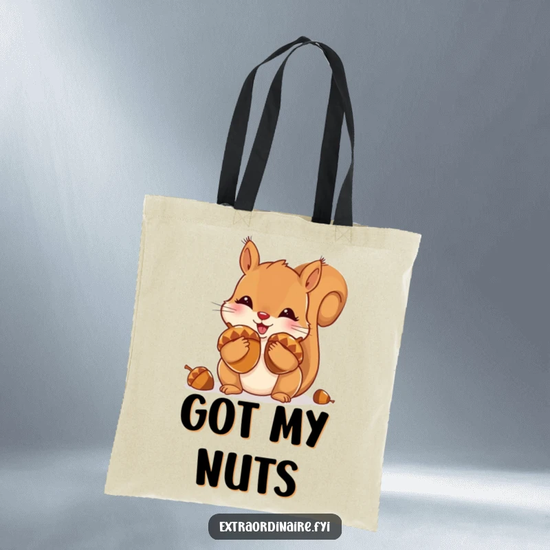 Funny tote bag with a playful squirrel stuffing its cheeks with large, shiny acorns, perfect for carrying nature's bounty.
