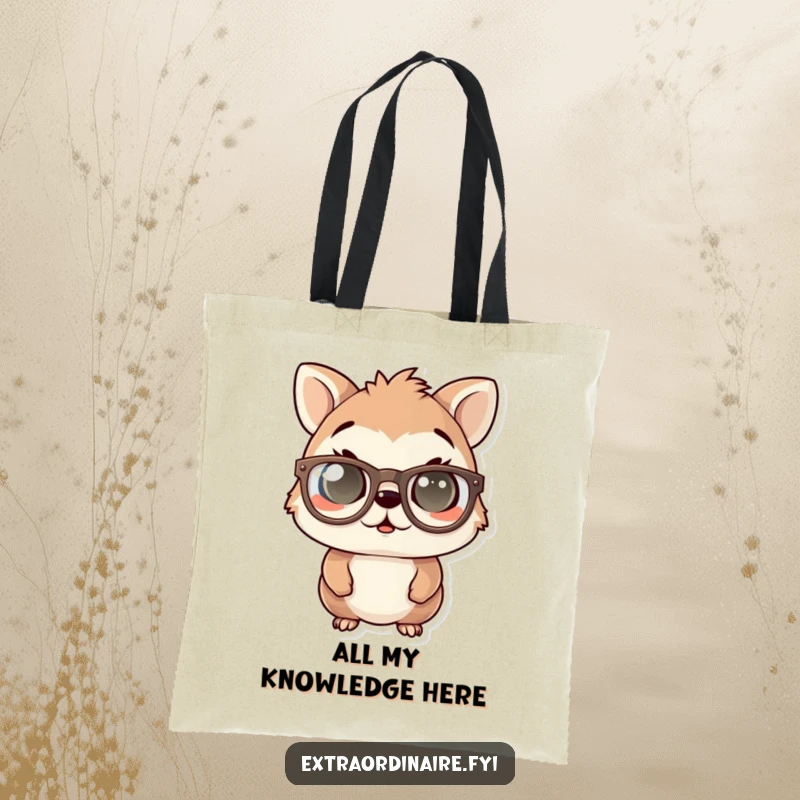 Funny tote bag design of an animal character wearing comically oversized spectacles, eyes wide with a look of comical surprise.