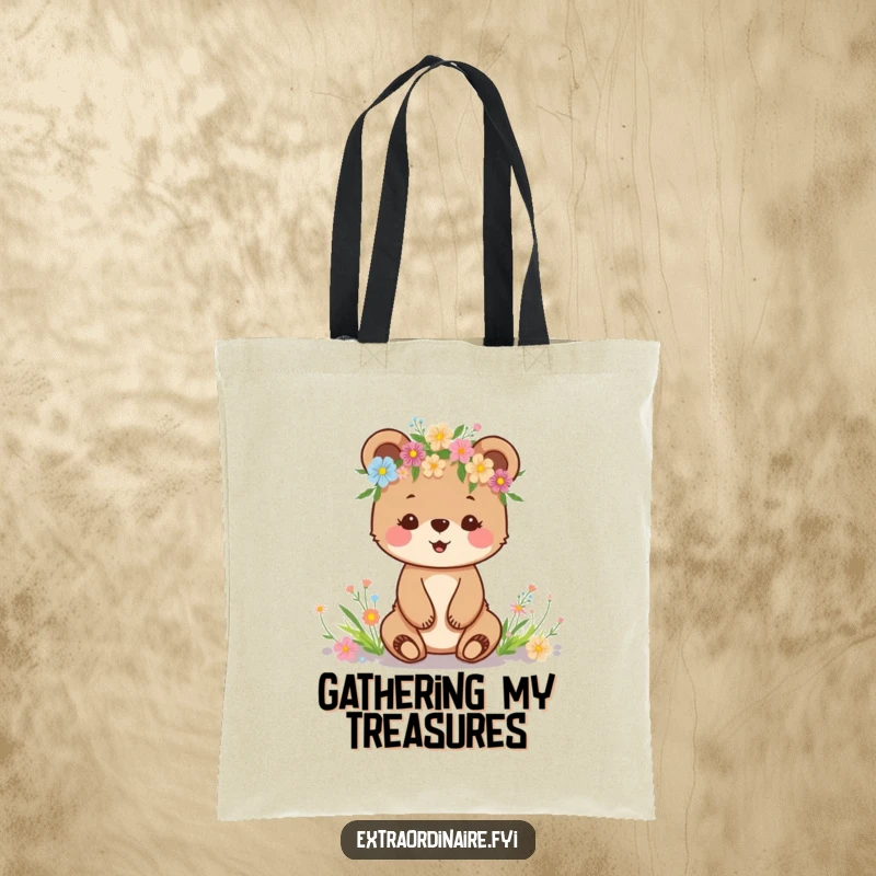 Funny tote bag with a happy bear cub wearing a crown of wildflowers, perfect for carrying everyday essentials.