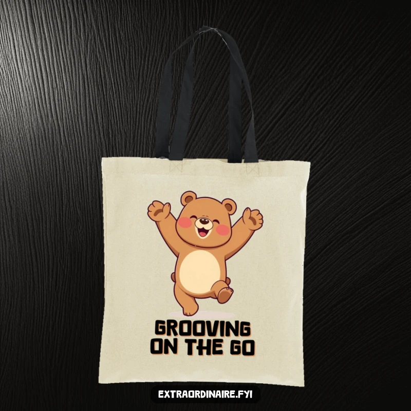A funny dancing bear performing a cartwheel with a look of pure elation on a durable and stylish tote bag.