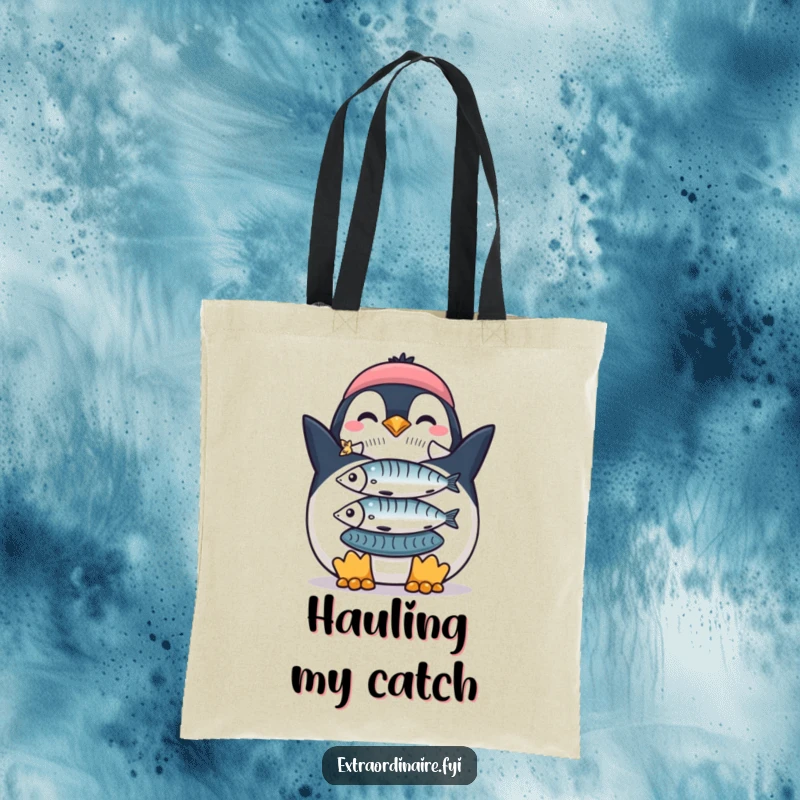 Funny Penguin Fish Stack Tote Bag: A proud penguin with a stack of fish, perfect for carrying your funny finds.