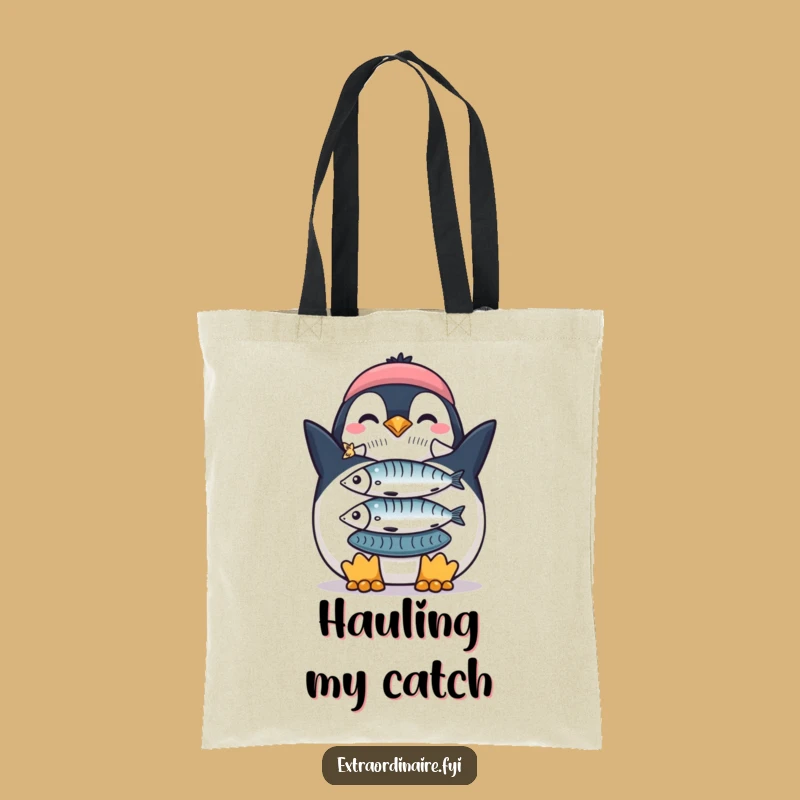 Funny Penguin Fish Stack Tote Bag: Carry Your Success with Pride!