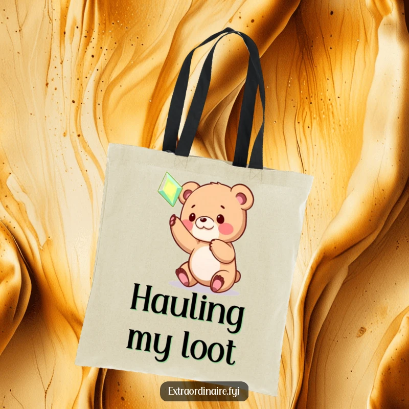 Funny Bear Cub Gem Tote Bag: A playful bear cub is shown batting at a radiant, floating gem. Great for shopping and errands.