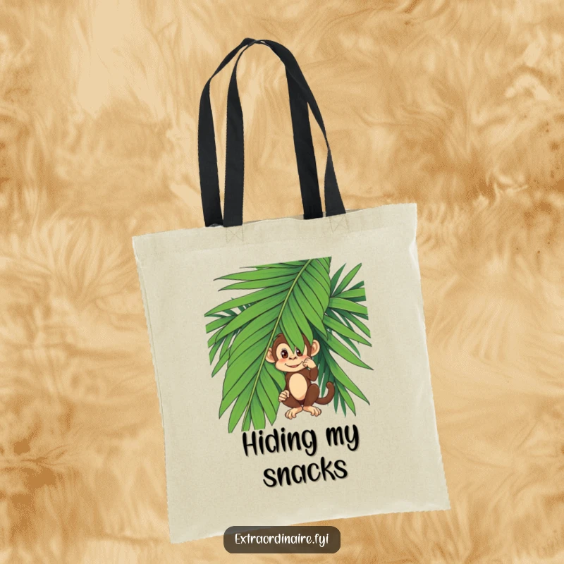Funny monkey peeking out from behind a giant palm leaf, adorning this reusable and practical tote bag.