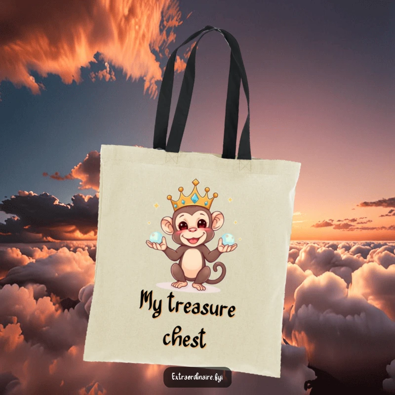 Funny tote bag depicting a mischievous crowned monkey juggling sparkling orbs, ideal for carrying items with regal flair.