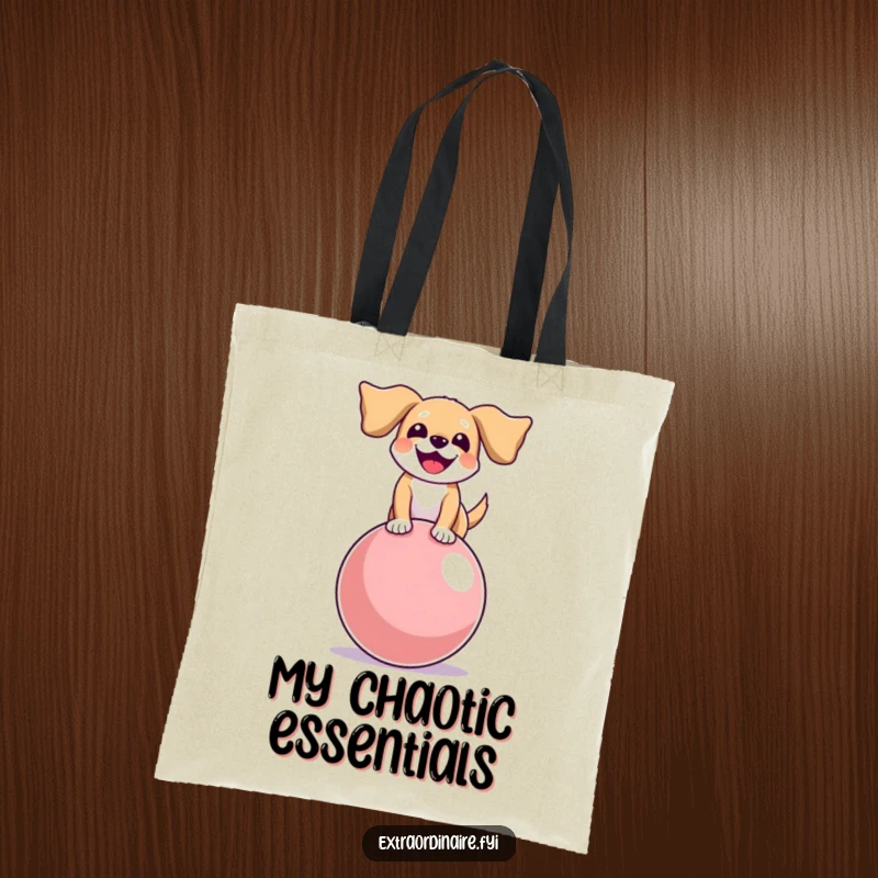 Funny tote bag with a joyful, floppy-eared dog balancing on a giant bouncy ball, perfect for carrying happy essentials.