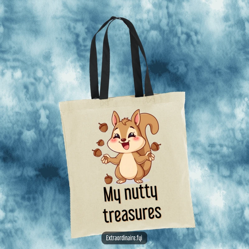 Funny squirrel juggling tote bag, a squirrel concentrating hard while juggling acorns with a grin.