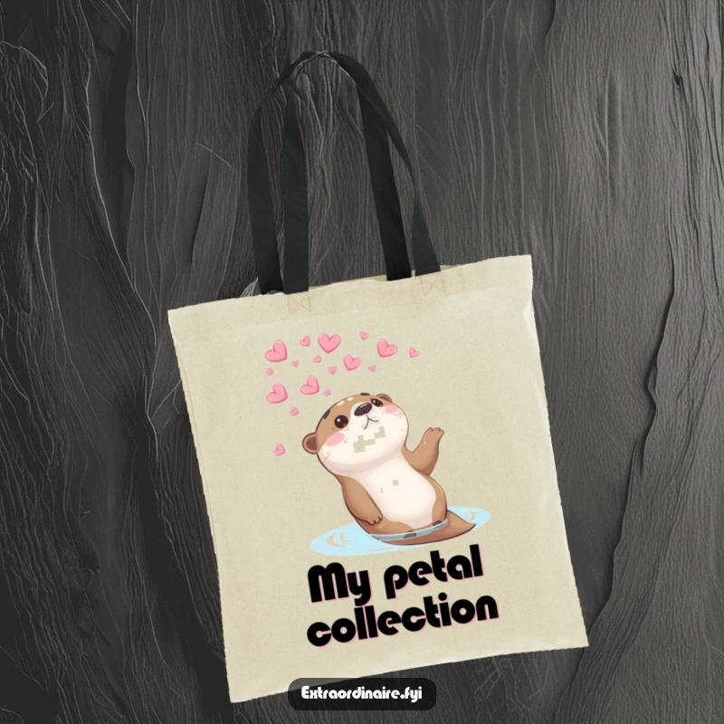 Funny otter tote bag showing an otter floating and watching petals fall, a serene yet humorous design for everyday use.