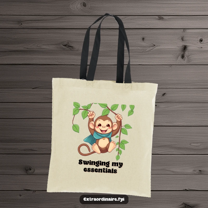 Funny Monkey Cape Swinging Tote Bag: A happy, caped monkey swinging from a vine, perfect for carrying your funny essentials.